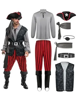 Men's pirate costume with hat, vest, shirt and accessories on a dress form