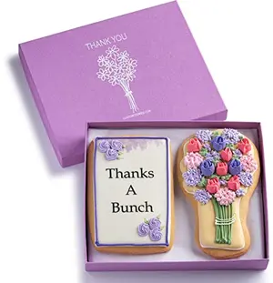 Custom Cookies thank you gift box with two large hand-decorated vanilla sugar cookies shaped like flowers