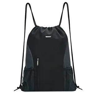 WANDF water-resistant drawstring bag in black with mesh side pockets, an affordable gym and sports sackpack