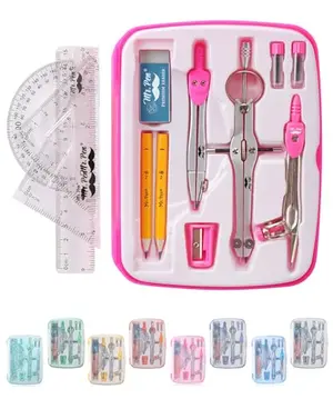 Mr. Pen 13-piece geometry set with pink case, metal compasses, protractor, ruler, and pencils