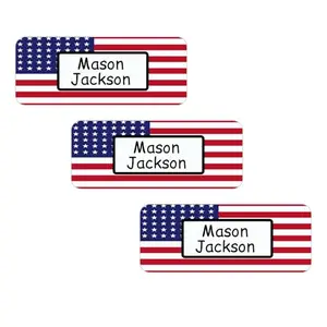 Personalized American flag school folder labels with a child's name