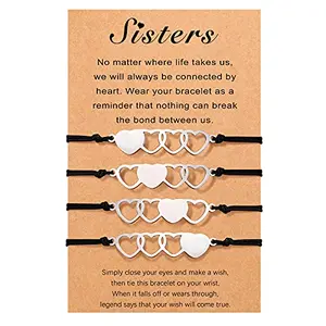 Set of 4 adjustable heart sister bracelets on nylon cord with message cards