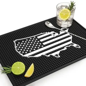 American flag bar mat on counter with glasses