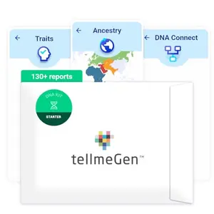 tellmeGen DNA test kit box with ancestry and health reports