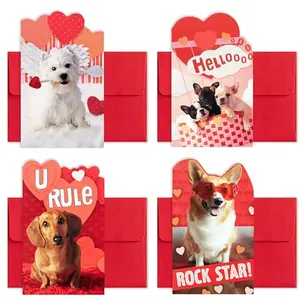Hallmark valentines with playful dog designs and envelopes, showing dachshund, corgi, and bulldog