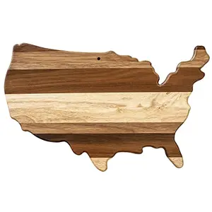 USA shaped sustainable bamboo cheese board with shiplap design on wooden table