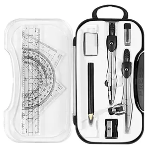 Unjoo geometry set with black shatterproof storage box, metal compasses, and clear rulers