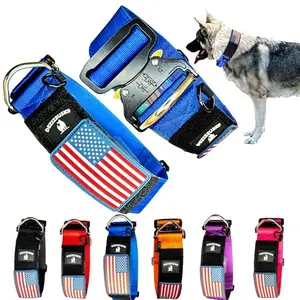 DEZIZEUSK9 2-inch wide tactical dog collar with metal buckle and USA flag patch on blue nylon