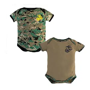 Two-pack of USMC baby bodysuits featuring official Marine Corps logo, one woodland camo and one coyote brown