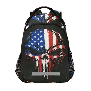 Panksolu Skull American Flag Backpack with reflective strips and water-resistant finish