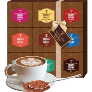 Tilz gourmet coffee gift set with 9 flavored ground coffee packets in an elegant box