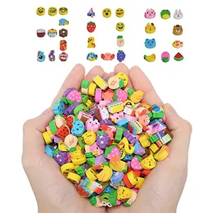 300 assorted mini erasers shaped like fruits, animals, numbers, and smiley faces in bright colors