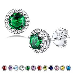 Sparkling round emerald green stud earrings in sterling silver, birthstone jewelry