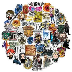 50-pack of die-cut Harry Potter vinyl stickers featuring Hogwarts houses and characters on a sheet