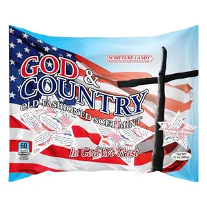Bag of 50 soft peppermints with red, white, and blue Scripture verse wrappers
