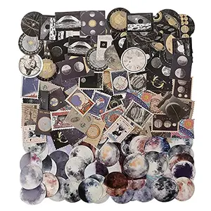 DRWATE vintage astronomy stickers with moon phases, planets, and retro science motifs on a journal
