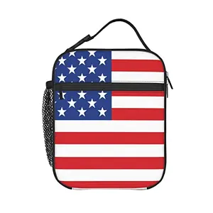 Compact American flag lunch bag with detachable handle and water bottle holder