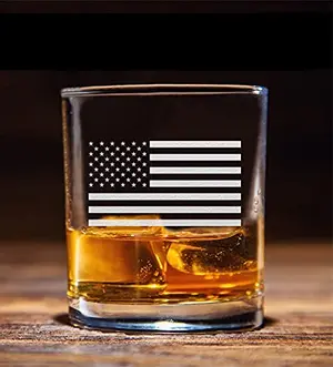 NeeNoNex American Flag Whiskey Glass with crystal clear glass and engraved flag.