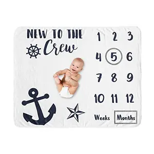 Navy blue and white anchor milestone blanket for baby monthly photos