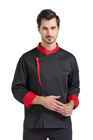 White chef jacket with oblique collar and roll-up sleeve option