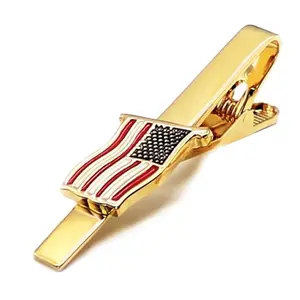 Gold wavy American flag tie clip on a tie