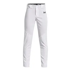 White baseball pants with black trim, Under Armour logo on waist, dual-layer knees visible