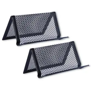 Black metal mesh business card holder with a stack of white business cards