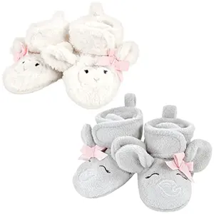 Hudson Baby animal fleece booties 2-pack with gray elephant and lamb designs
