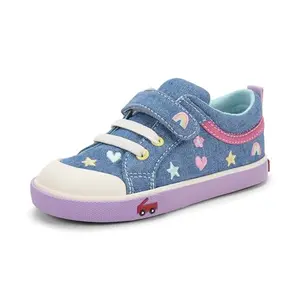 See Kai Run Kristin sneakers in chambray and happy colors, front view showing faux laces