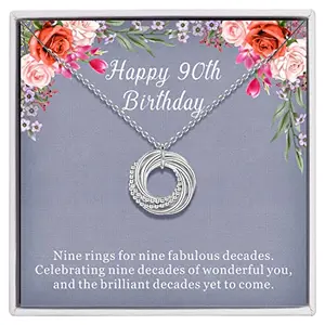 925 sterling silver necklace with nine interlocking rings on an adjustable chain, a symbol of nine decades