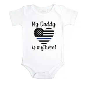 My Daddy is My Hero Heart Flag Baby Bodysuit crafted from organic cotton with thin blue line accents