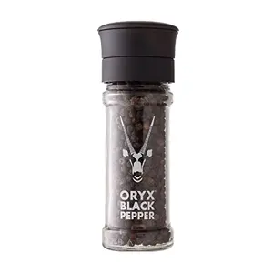 Oryx black pepper grinder with Madagascan peppercorns and refillable glass bottle