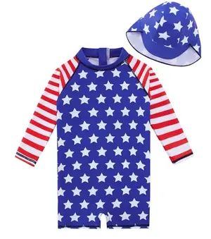 Baby boy in USA flag swimsuit with matching sun hat