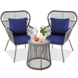 Best Choice Products large gray wicker chairs with navy cushions and glass table