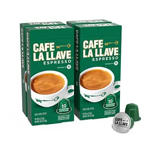 Cafe La Llave Latin Style espresso pods compatible with Nespresso Original Line, 40 count box with a cup of espresso