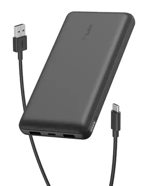 Belkin 20000mAh power bank with USB cable on white background