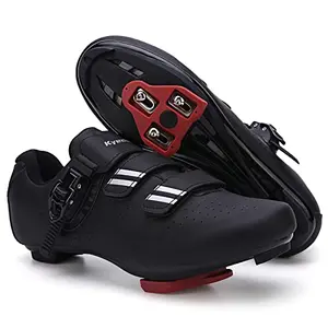 Kyedoo cycling shoe in black with red accents, showing the three-strap closure and pre-installed delta cleats