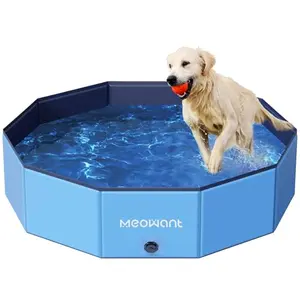 Blue hard plastic dog pool with a hose-connected drain