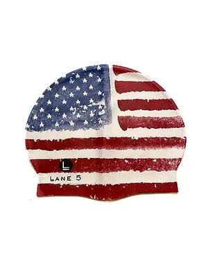 Lane5 2-Pack silicone swim cap with US flag print and solid navy, perfect for serious swimmers