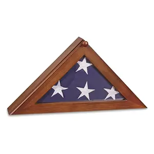 Oak finish triangular flag display case with hinged glass top, holding a folded 5x9.5 burial flag on a shelf.