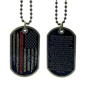 Firefighter thin red line American flag challenge coin dog tag necklace