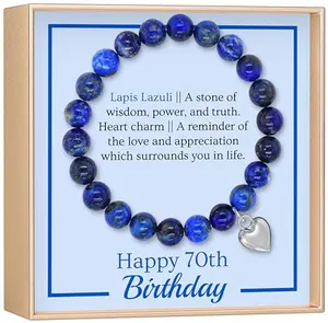 Dark blue stone bead bracelet with tiny silver heart charm on a wrist