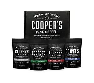 Box of four bag Cooper's Cask barrel aged coffee sampler with bourbon and whiskey infused flavors