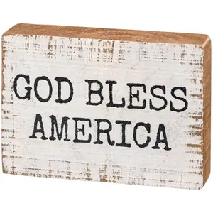Primitives by Kathy God Bless America wood block sign hanging in entryway