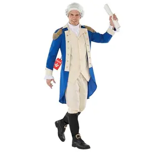 Man in Morph George Washington costume with blue tailcoat and white wig