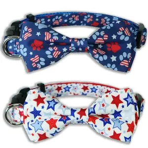 4th of July Dog Bow Tie Collar 2 Pack Patriotic Paws and Freedom Stars on a dog