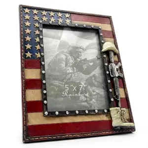 American flag memorial photo frame with battlefield cross design holding a 5x7 photo