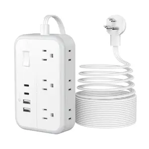 NTONPOWER 25ft flat plug power strip with USB ports on white background