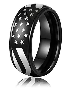 Black LAOYOU spinner ring with American flag design, showing the rotating center band in motion