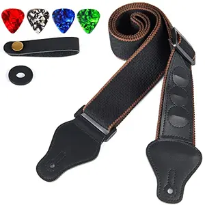 WOGOD black guitar strap with brown woven edges and three integrated pick holders